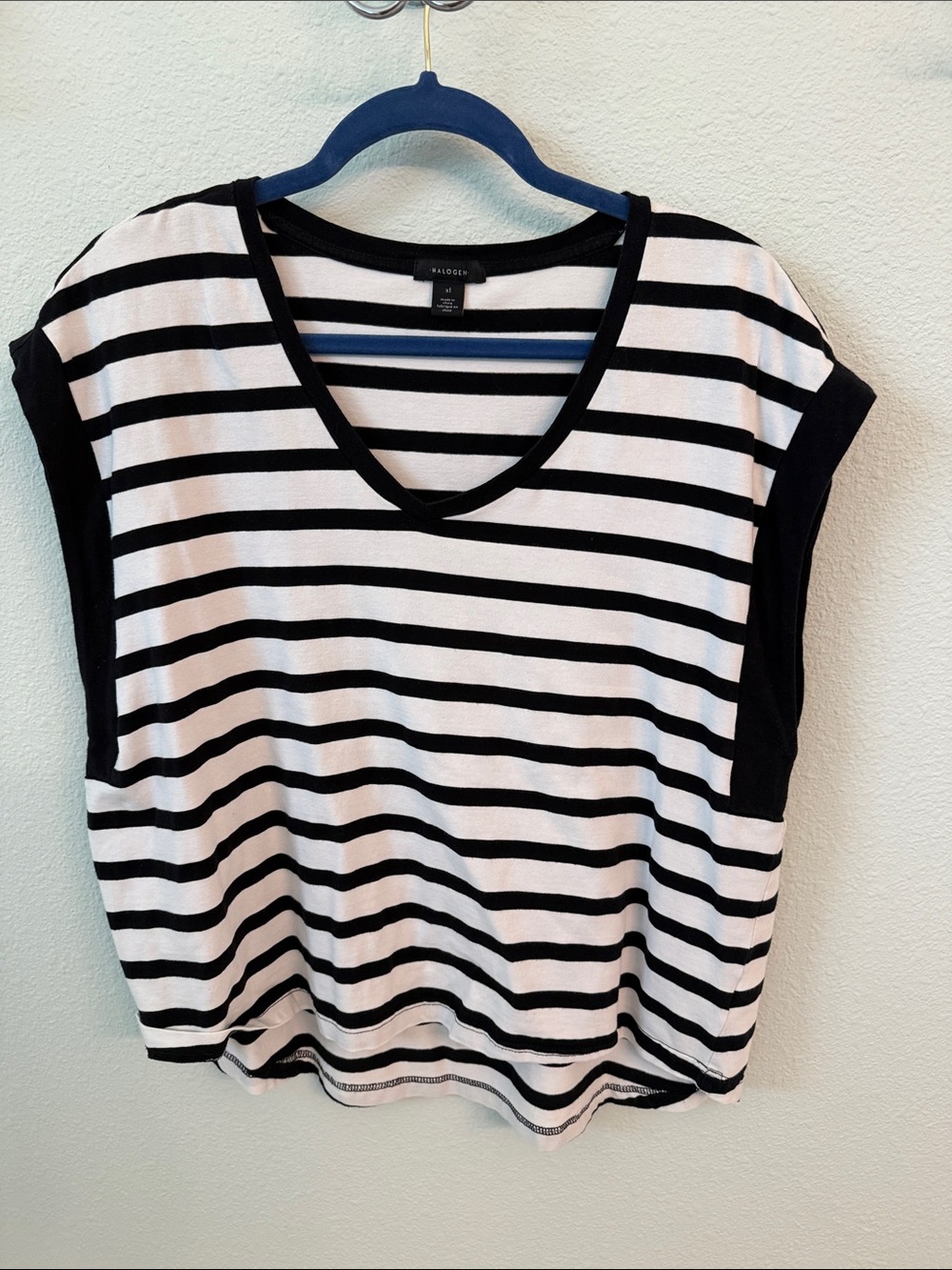 Halogen Black and White Striped V-Neck Short Sleeve Tee